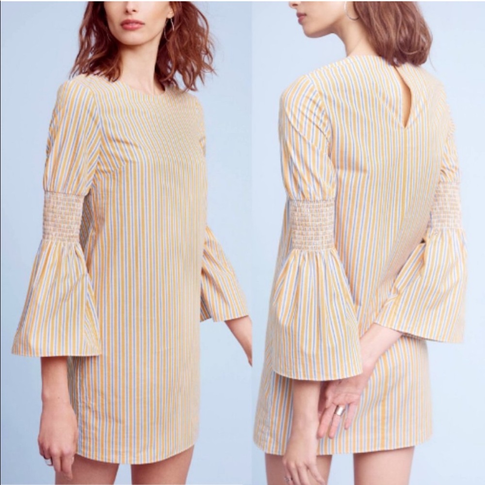 Striped Yellow Bell-Sleeve Mini Dress